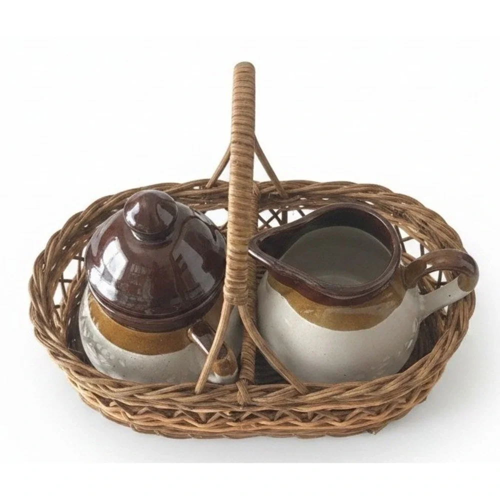 Rosenthal Netter Vintage Stoneware Cream and Sugar Set with Wicker Basket Brown